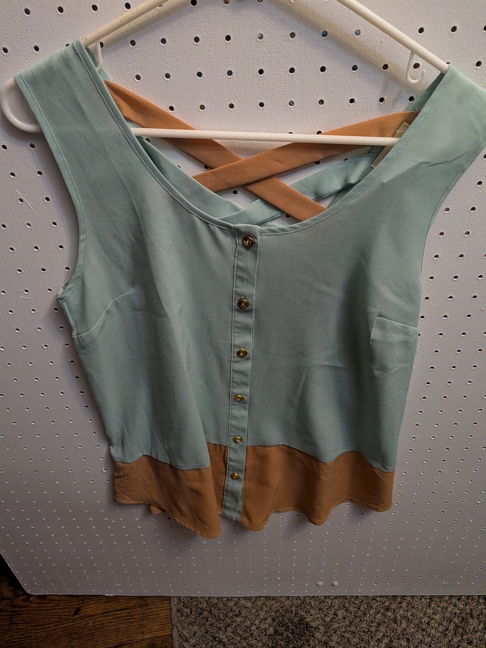 Pearl Sage and Tan Colorblock Sleeveless Button-Front Top